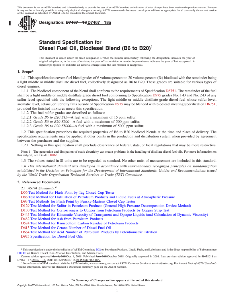 REDLINE ASTM D7467-18a - Standard Specification for  Diesel Fuel Oil, Biodiesel Blend (B6 to B20)