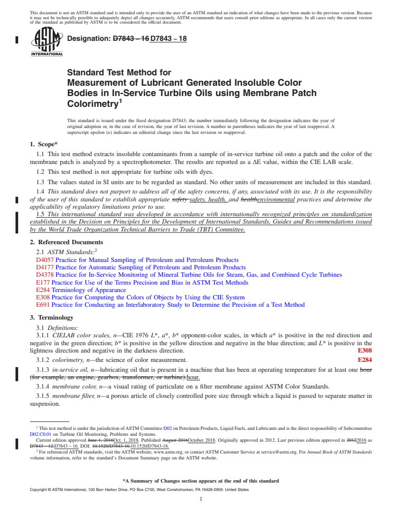 REDLINE ASTM D7843-18 - Standard Test Method for Measurement of Lubricant Generated Insoluble Color Bodies in  In-Service Turbine Oils using Membrane Patch Colorimetry