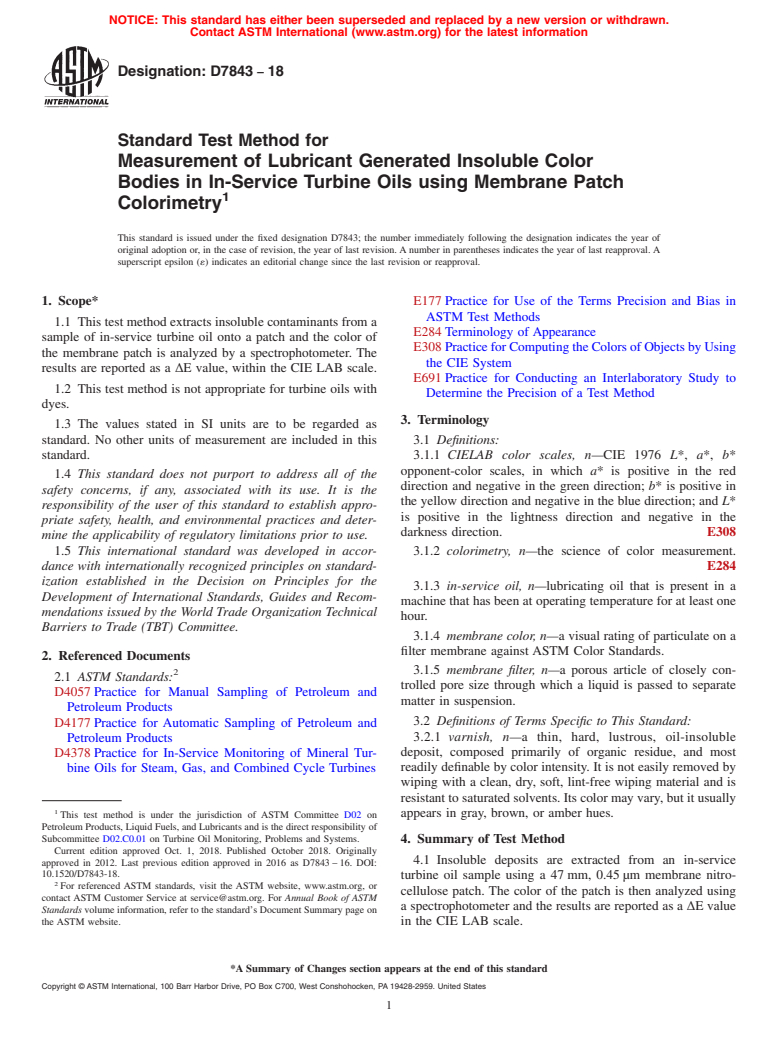 ASTM D7843-18 - Standard Test Method for Measurement of Lubricant Generated Insoluble Color Bodies in  In-Service Turbine Oils using Membrane Patch Colorimetry