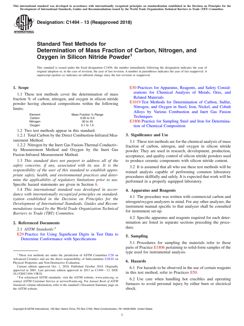 ASTM C1494-13(2018) - Standard Test Methods for  Determination of Mass Fraction of Carbon, Nitrogen, and Oxygen  in Silicon Nitride Powder