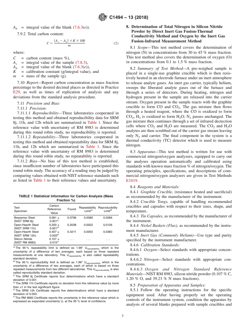 ASTM C1494-13(2018) - Standard Test Methods for  Determination of Mass Fraction of Carbon, Nitrogen, and Oxygen  in Silicon Nitride Powder