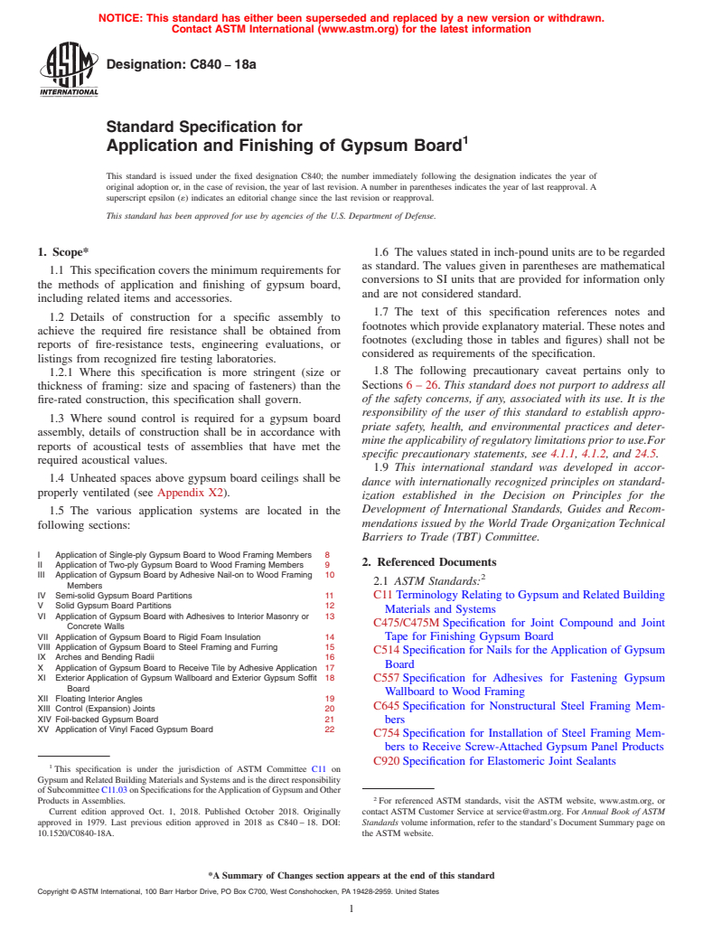 ASTM C840-18a - Standard Specification for  Application and Finishing of Gypsum Board