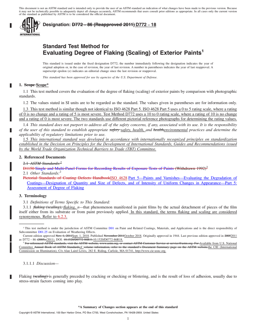 REDLINE ASTM D772-18 - Standard Test Method for  Evaluating Degree of Flaking (Scaling) of Exterior Paints