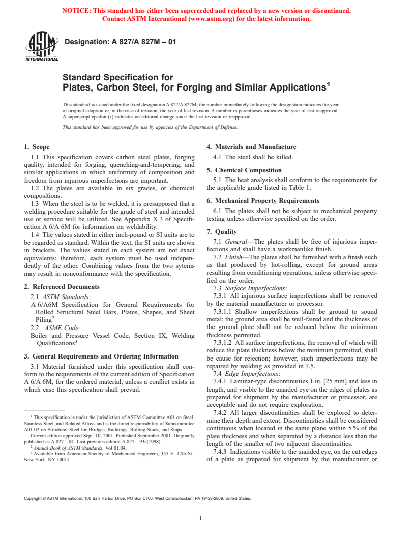 ASTM A827/A827M-01 - Standard Specification for Plates, Carbon Steel, for Forging and Similar Applications