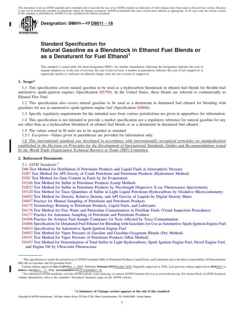 REDLINE ASTM D8011-18 - Standard Specification for Natural Gasoline as a Blendstock in Ethanol Fuel Blends or  as a Denaturant for Fuel Ethanol