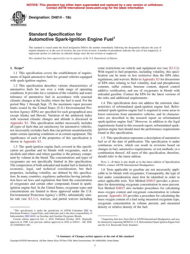 ASTM D4814-18c - Standard Specification for Automotive Spark-Ignition Engine Fuel