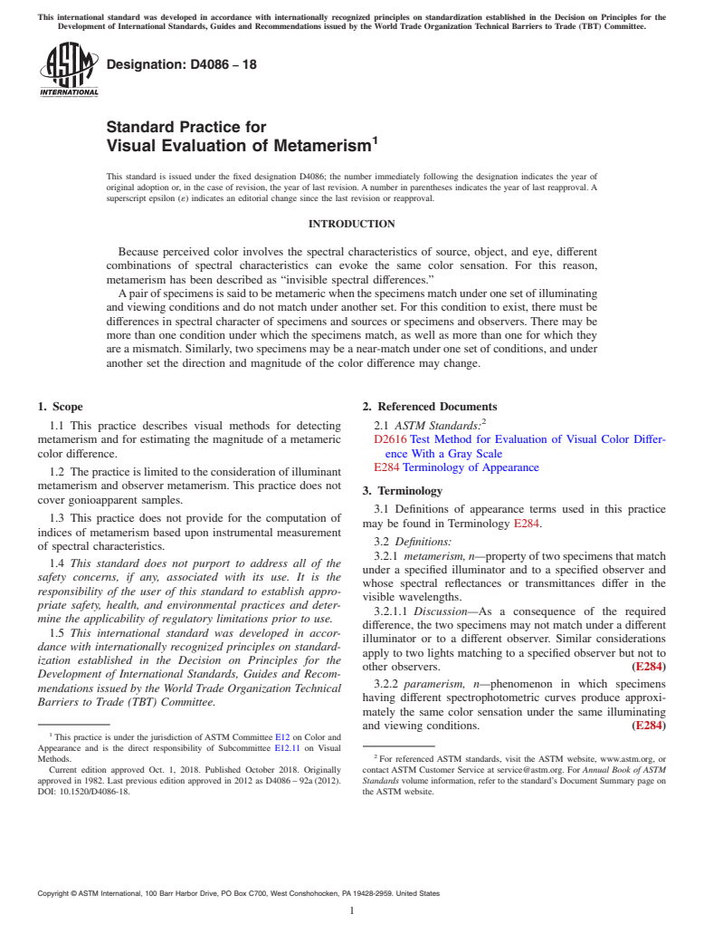 ASTM D4086-18 - Standard Practice for Visual Evaluation of Metamerism