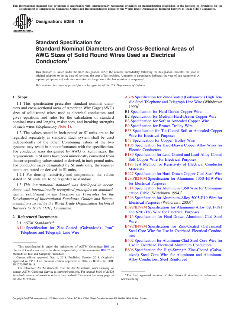 ASTM B258-18 - Standard Specification for Standard Nominal Diameters and Cross-Sectional Areas of AWG   Sizes of Solid Round Wires Used as Electrical Conductors