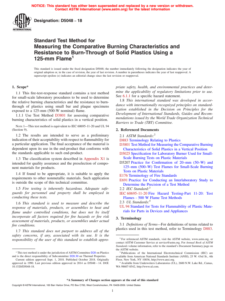 ASTM D5048-18 - Standard Test Method for Measuring the Comparative Burning Characteristics and Resistance  to Burn-Through of Solid Plastics Using a 125-mm Flame