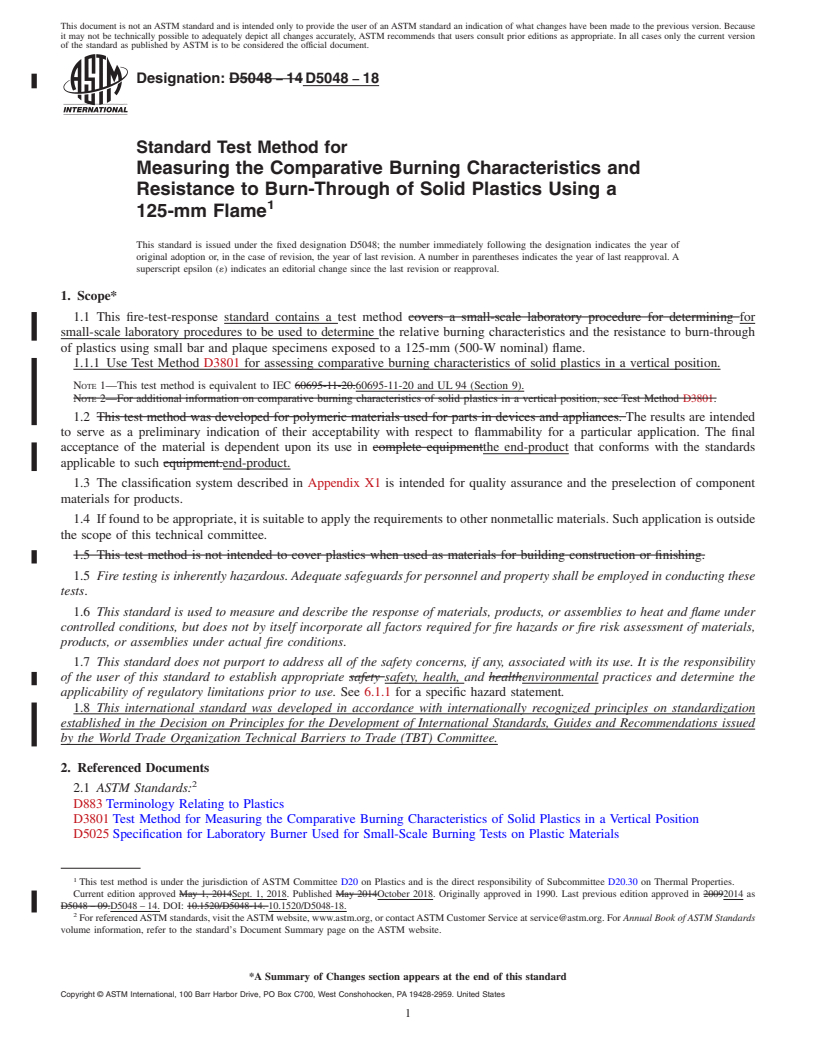 REDLINE ASTM D5048-18 - Standard Test Method for Measuring the Comparative Burning Characteristics and Resistance  to Burn-Through of Solid Plastics Using a 125-mm Flame