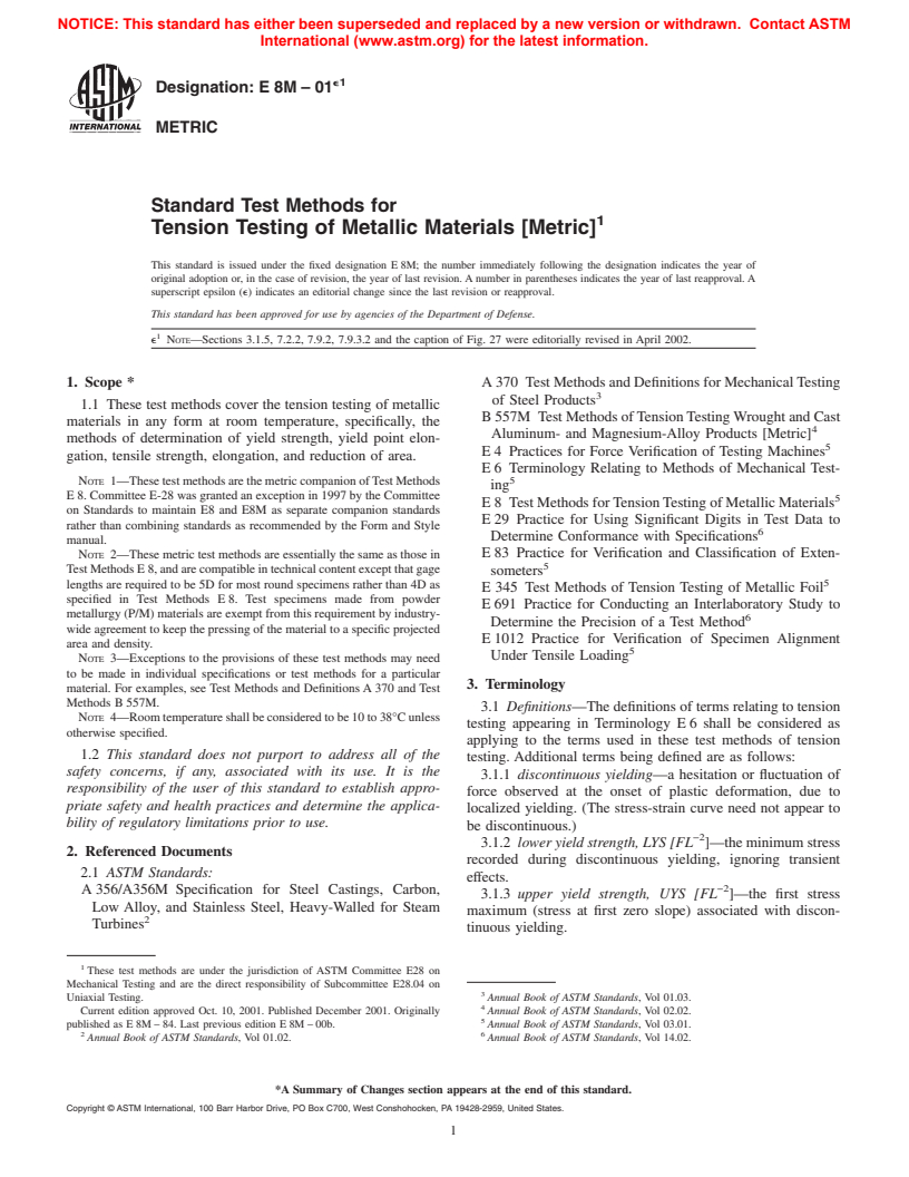 ASTM E8M-01e1 - Standard Test Methods for Tension Testing of Metallic Materials [Metric]