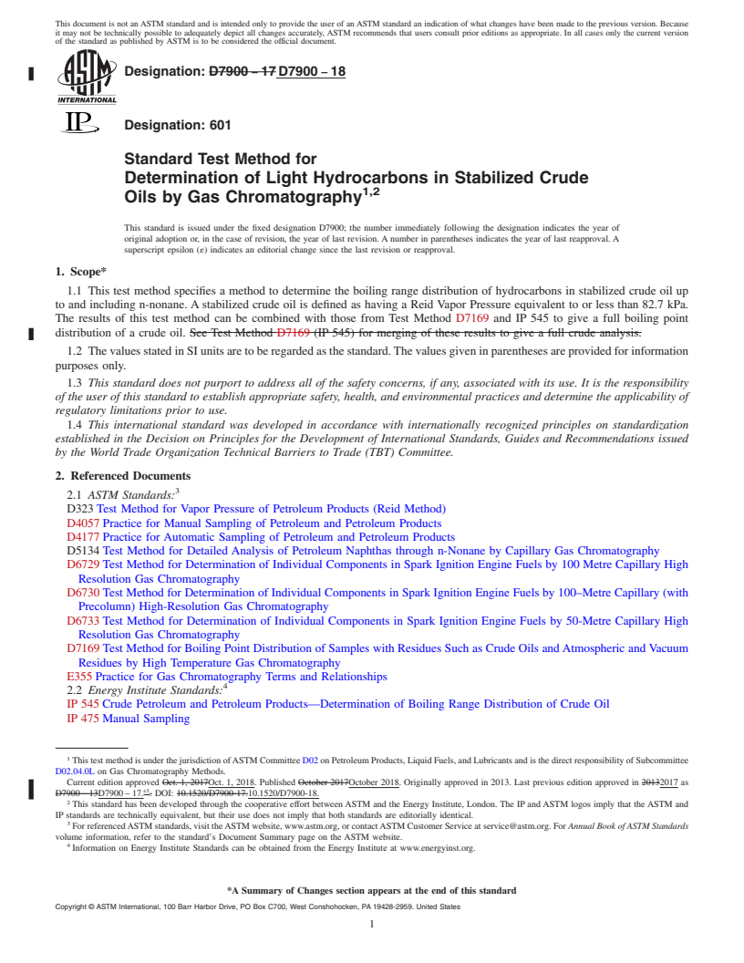 REDLINE ASTM D7900-18 - Standard Test Method for Determination of Light Hydrocarbons in Stabilized Crude Oils  by Gas Chromatography