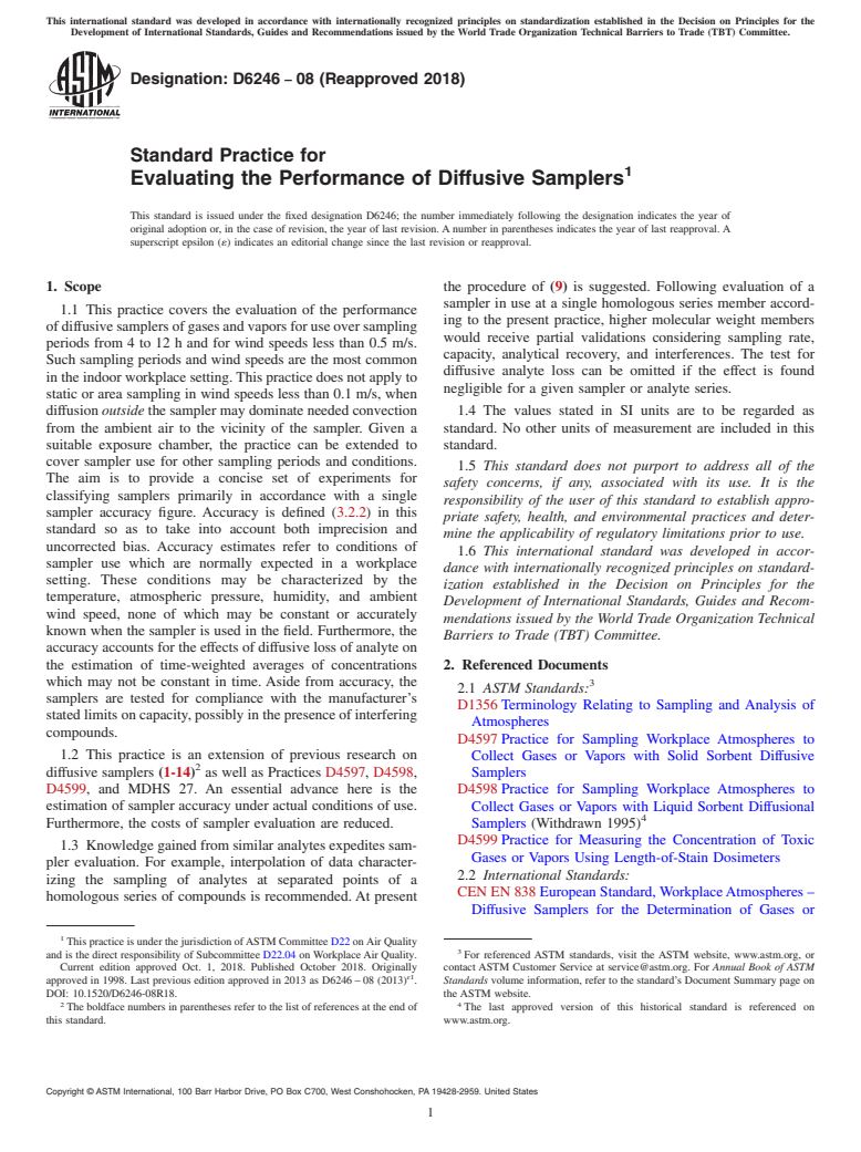 ASTM D6246-08(2018) - Standard Practice for  Evaluating the Performance of Diffusive Samplers