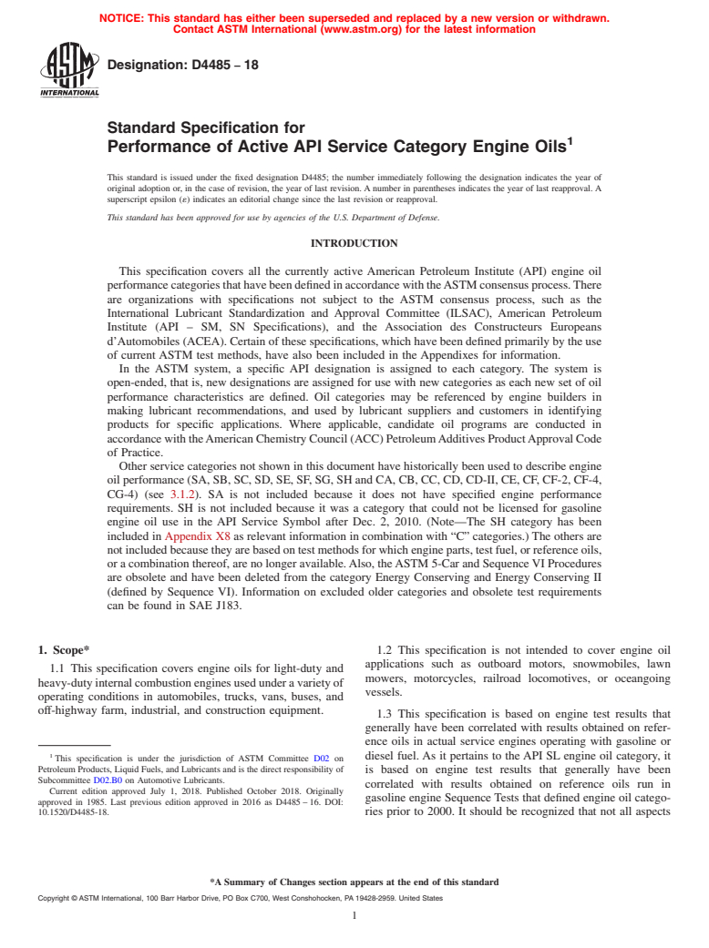 ASTM D4485-18 - Standard Specification for  Performance of Active API Service Category Engine Oils