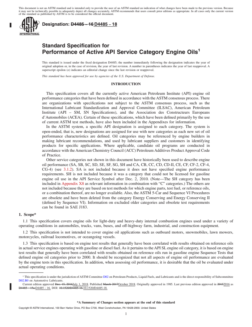 REDLINE ASTM D4485-18 - Standard Specification for  Performance of Active API Service Category Engine Oils