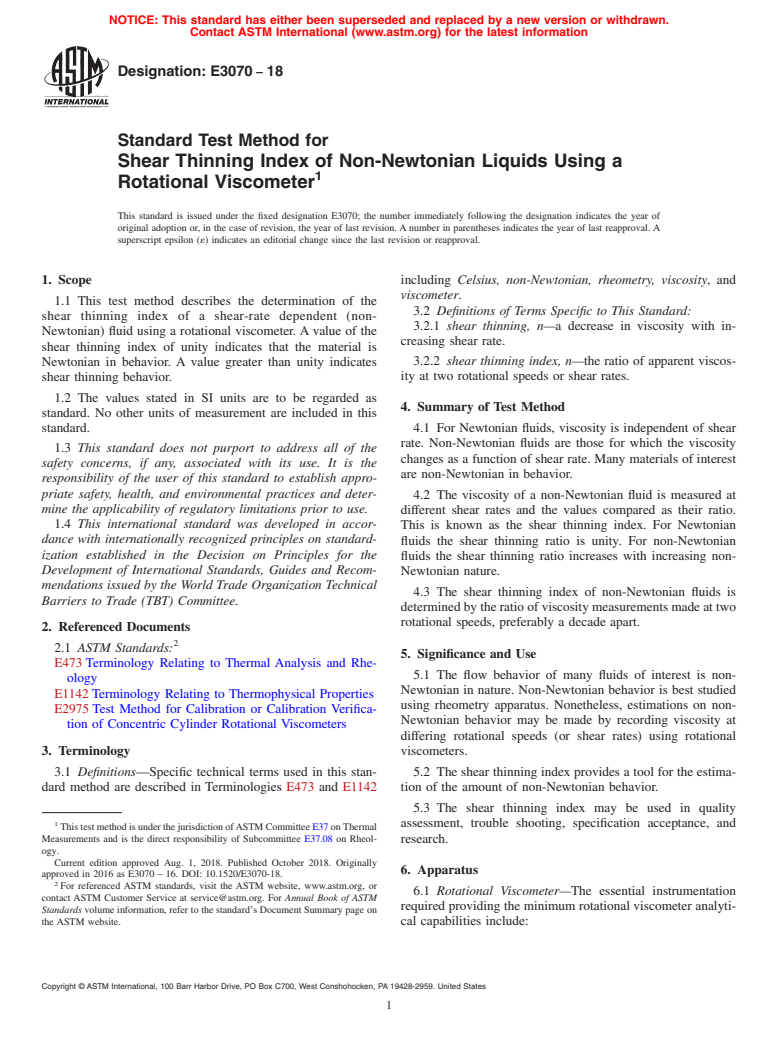ASTM E3070-18 - Standard Test Method for Shear Thinning Index of Non-Newtonian Liquids Using a Rotational  Viscometer