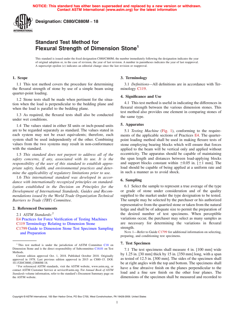 ASTM C880/C880M-18 - Standard Test Method for  Flexural Strength of Dimension Stone