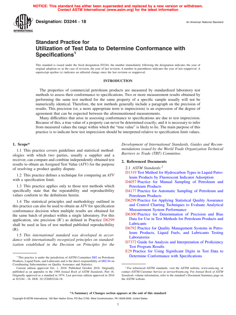 ASTM D3244-18 - Standard Practice for Utilization of Test Data to Determine Conformance with Specifications