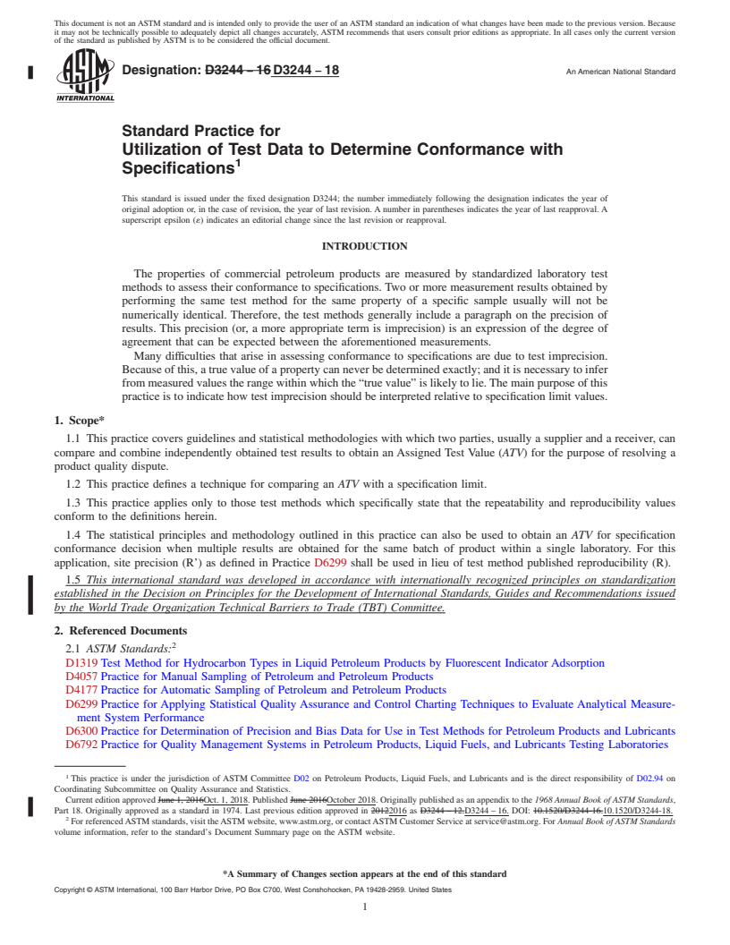 REDLINE ASTM D3244-18 - Standard Practice for Utilization of Test Data to Determine Conformance with Specifications