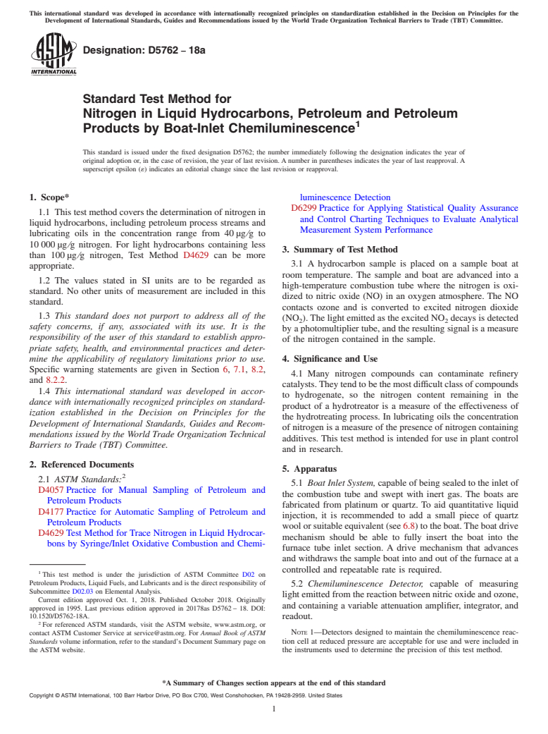 ASTM D5762-18a - Standard Test Method for  Nitrogen in Liquid Hydrocarbons, Petroleum and Petroleum Products  by Boat-Inlet Chemiluminescence