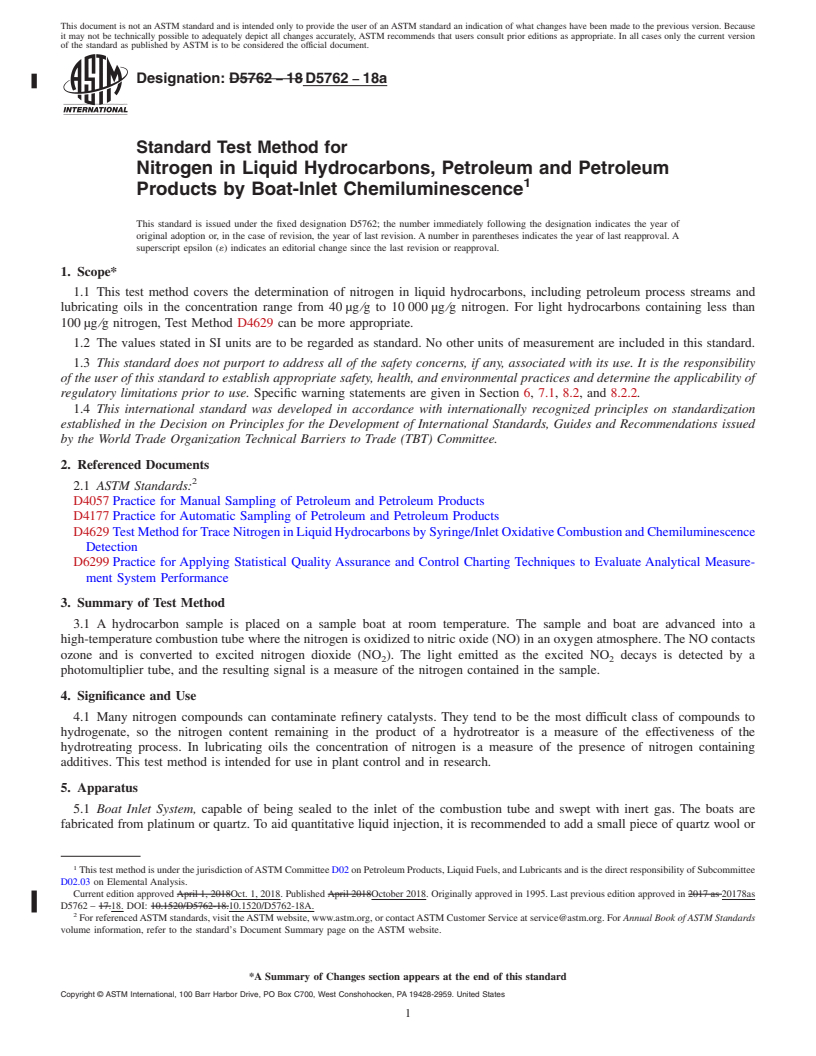 REDLINE ASTM D5762-18a - Standard Test Method for  Nitrogen in Liquid Hydrocarbons, Petroleum and Petroleum Products  by Boat-Inlet Chemiluminescence