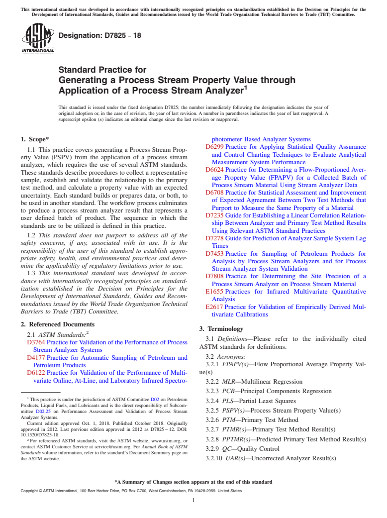 ASTM D7825-18 - Standard Practice for Generating a Process Stream Property Value through Application  of a Process Stream Analyzer