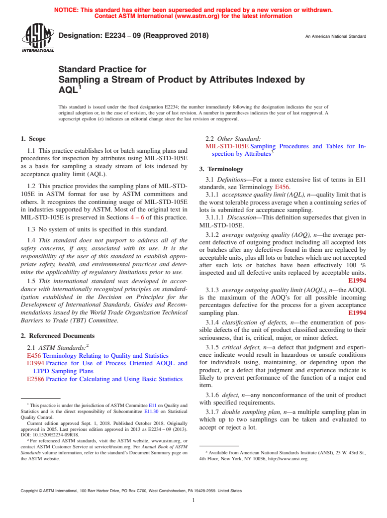 ASTM E2234-09(2018) - Standard Practice for  Sampling a Stream of Product by Attributes Indexed by AQL