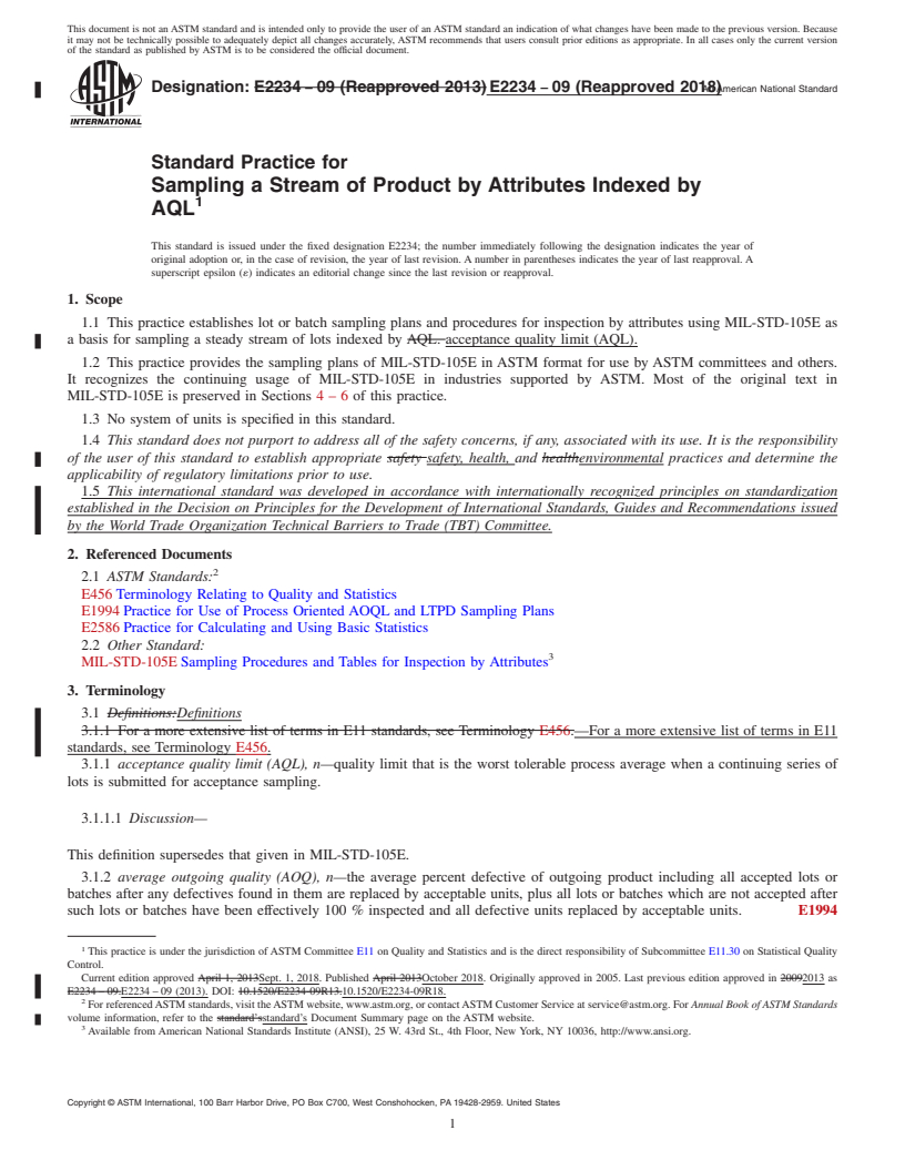 REDLINE ASTM E2234-09(2018) - Standard Practice for  Sampling a Stream of Product by Attributes Indexed by AQL