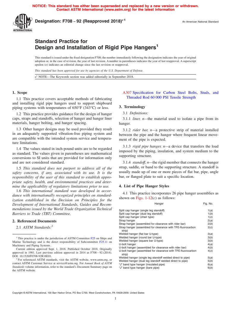 ASTM F708-92(2018)e1 - Standard Practice for  Design and Installation of Rigid Pipe Hangers