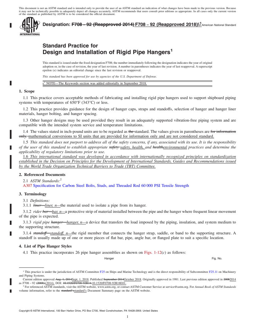 REDLINE ASTM F708-92(2018)e1 - Standard Practice for  Design and Installation of Rigid Pipe Hangers