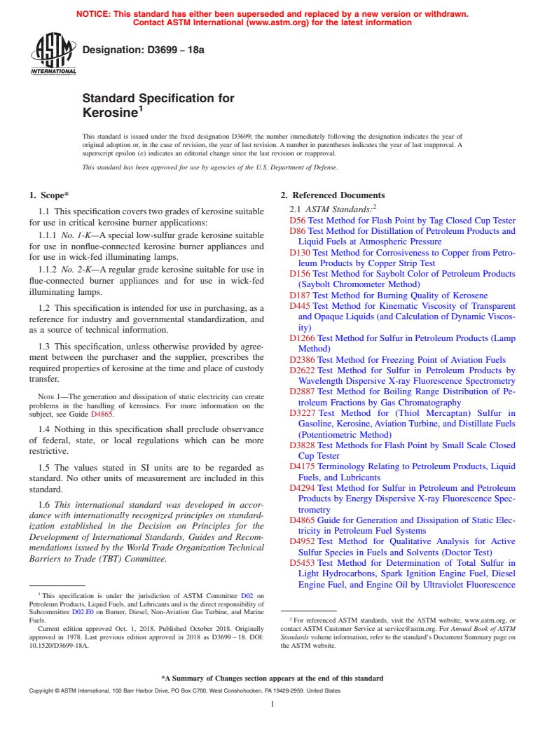ASTM D3699-18a - Standard Specification for  Kerosine
