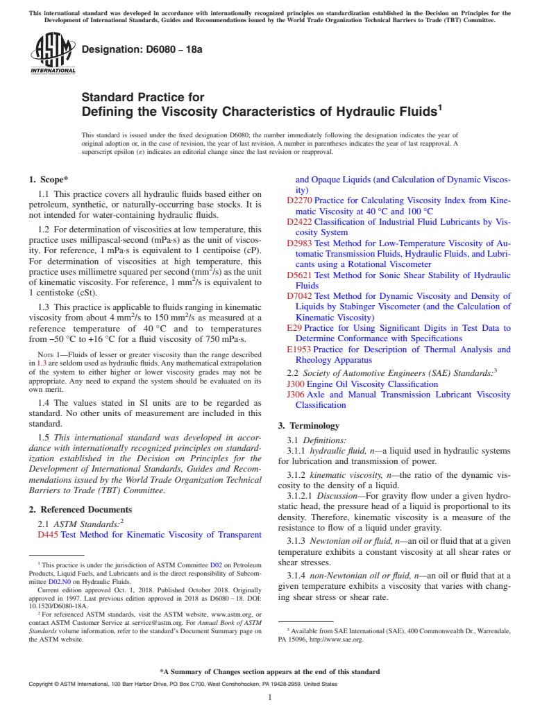 ASTM D6080-18a - Standard Practice for Defining the Viscosity Characteristics of Hydraulic Fluids