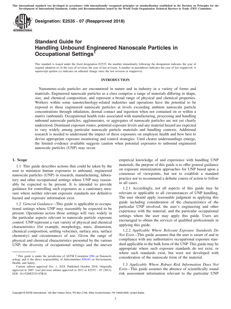 ASTM E2535-07(2018) - Standard Guide for  Handling Unbound Engineered Nanoscale Particles in Occupational  Settings