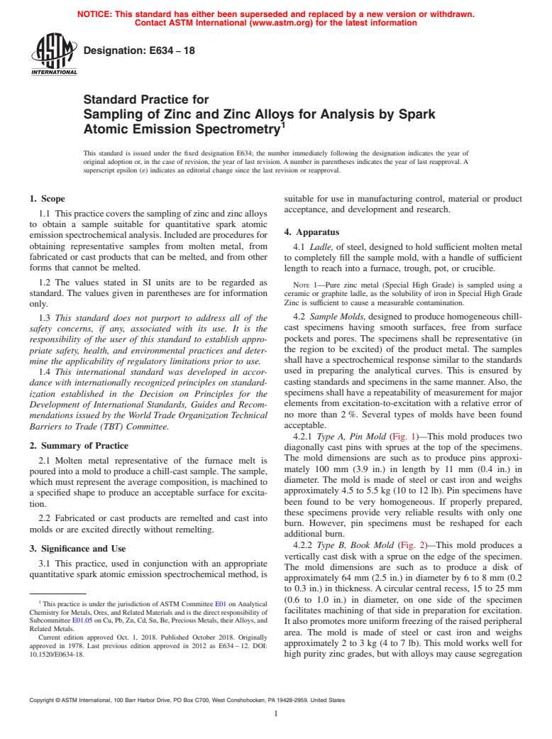 ASTM E634-18 - Standard Practice for  Sampling of Zinc and Zinc Alloys for Analysis by Spark Atomic  Emission Spectrometry