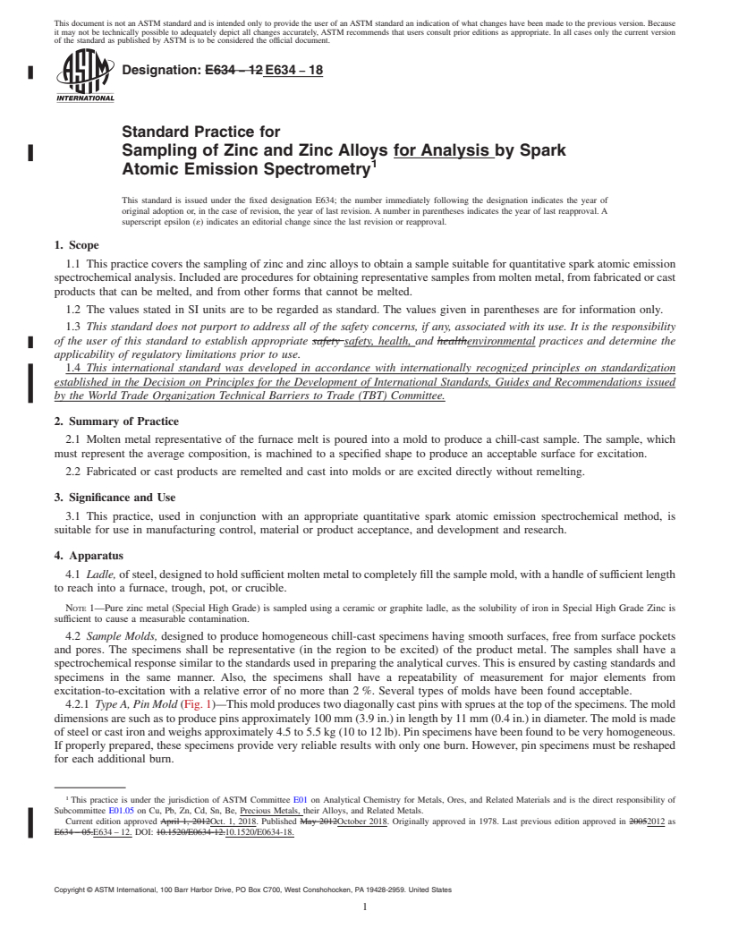 REDLINE ASTM E634-18 - Standard Practice for  Sampling of Zinc and Zinc Alloys for Analysis by Spark Atomic  Emission Spectrometry