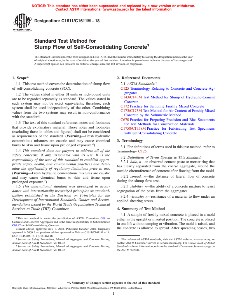 ASTM C1611/C1611M-18 - Standard Test Method for  Slump Flow of Self-Consolidating Concrete