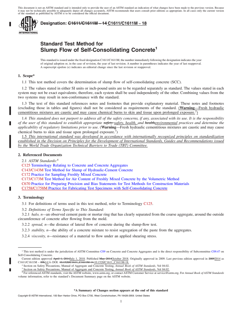 REDLINE ASTM C1611/C1611M-18 - Standard Test Method for  Slump Flow of Self-Consolidating Concrete