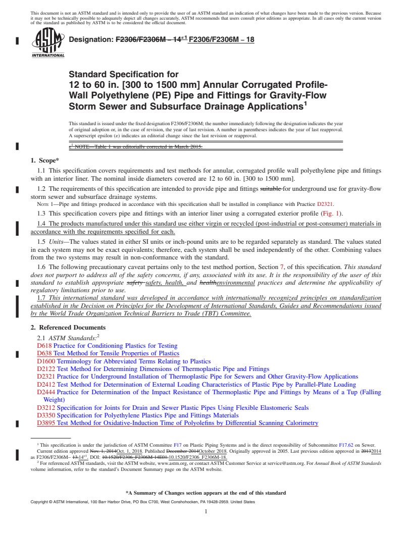 REDLINE ASTM F2306/F2306M-18 - Standard Specification for 12 to 60 in. [300 to 1500 mm] Annular Corrugated Profile-Wall   Polyethylene (PE) Pipe and Fittings for Gravity-Flow Storm Sewer  and  Subsurface Drainage Applications
