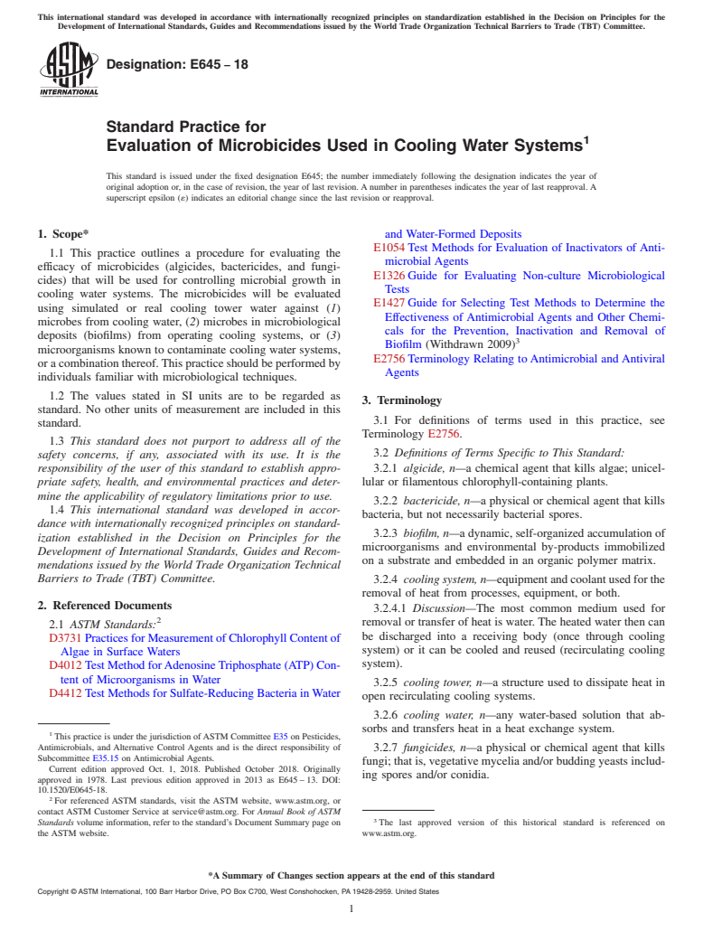 ASTM E645-18 - Standard Practice for  Evaluation of Microbicides Used in Cooling Water Systems