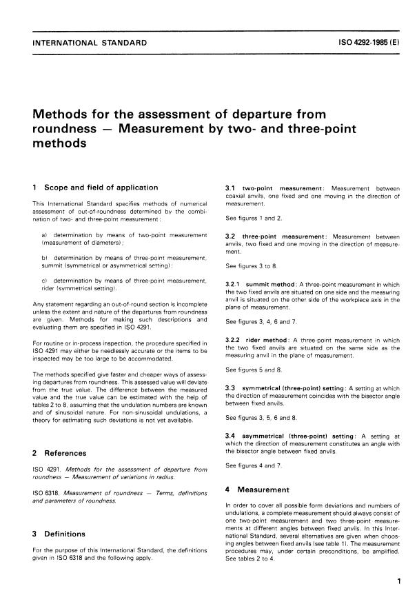 ISO 4292:1985 - Methods for the assessment of departure from roundness -- Measurement by two- and three-point methods