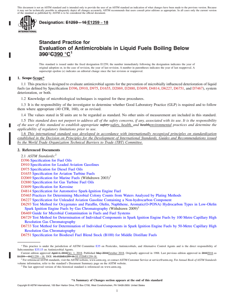 REDLINE ASTM E1259-18 - Standard Practice for  Evaluation of Antimicrobials in Liquid Fuels Boiling Below  390&#x2009;&#xb0;C