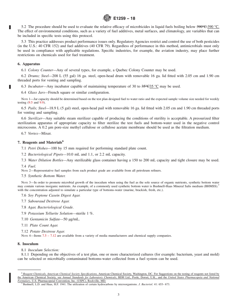 REDLINE ASTM E1259-18 - Standard Practice for  Evaluation of Antimicrobials in Liquid Fuels Boiling Below  390&#x2009;&#xb0;C