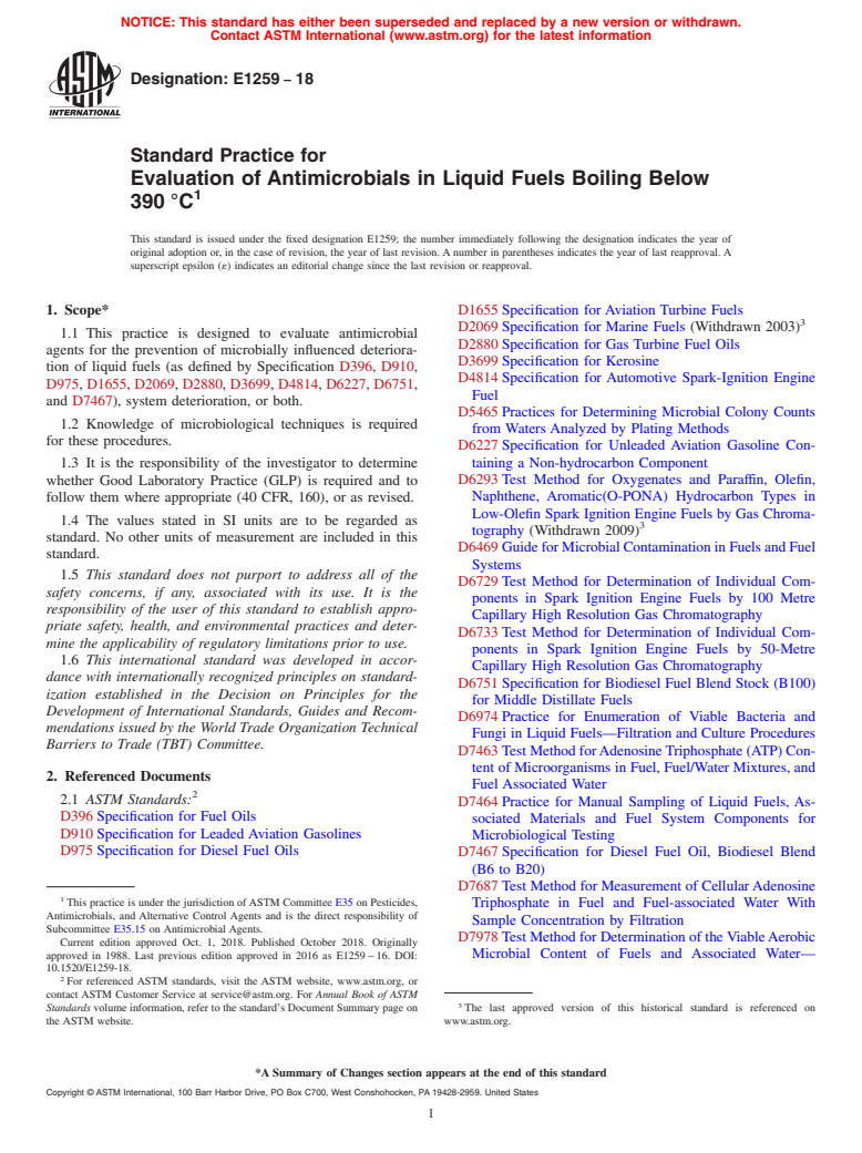 ASTM E1259-18 - Standard Practice for  Evaluation of Antimicrobials in Liquid Fuels Boiling Below  390&#x2009;&#xb0;C