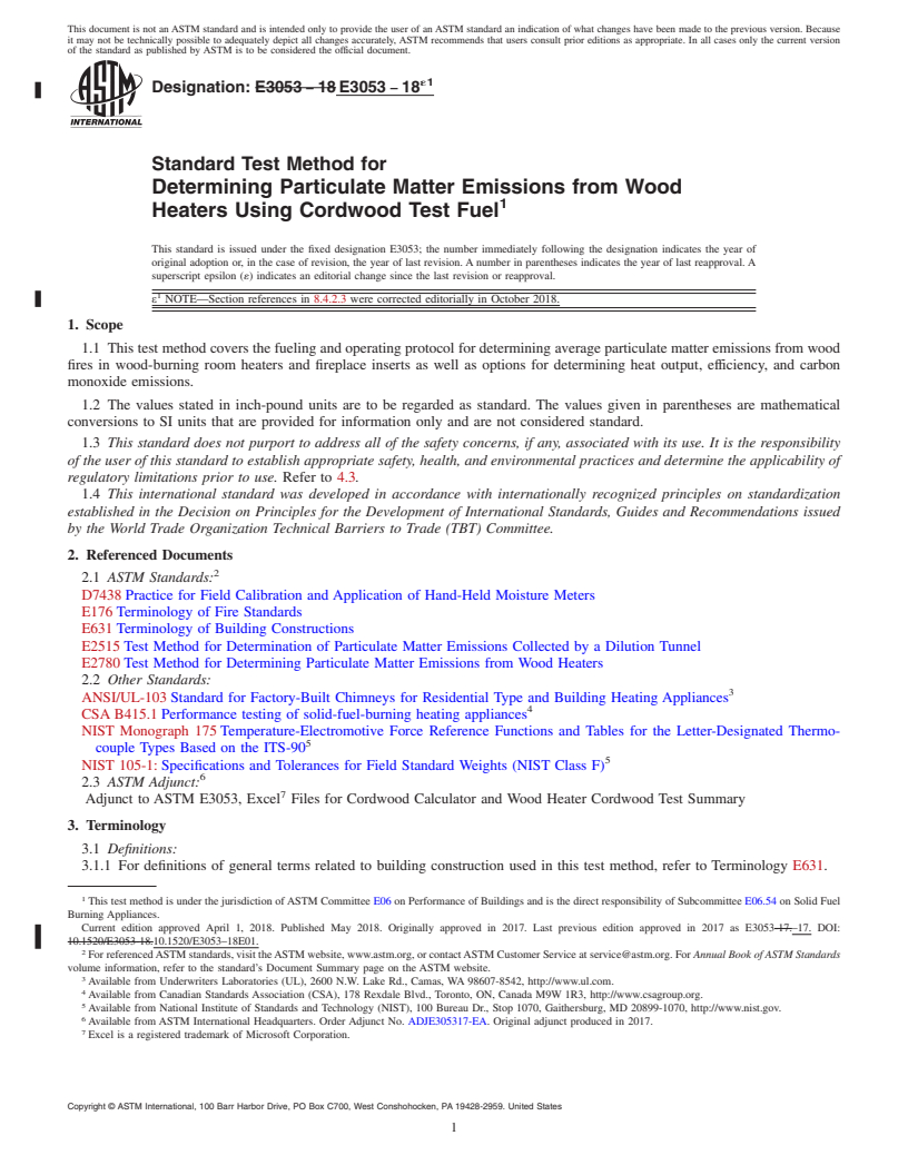 REDLINE ASTM E3053-18e1 - Standard Test Method for Determining Particulate Matter Emissions from Wood Heaters  Using Cordwood Test Fuel