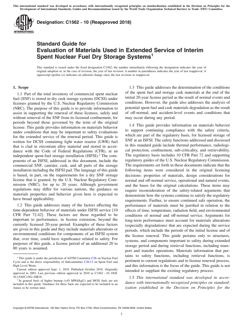 ASTM C1562-10(2018) - Standard Guide for  Evaluation of Materials Used in Extended Service of Interim  Spent Nuclear Fuel Dry Storage Systems