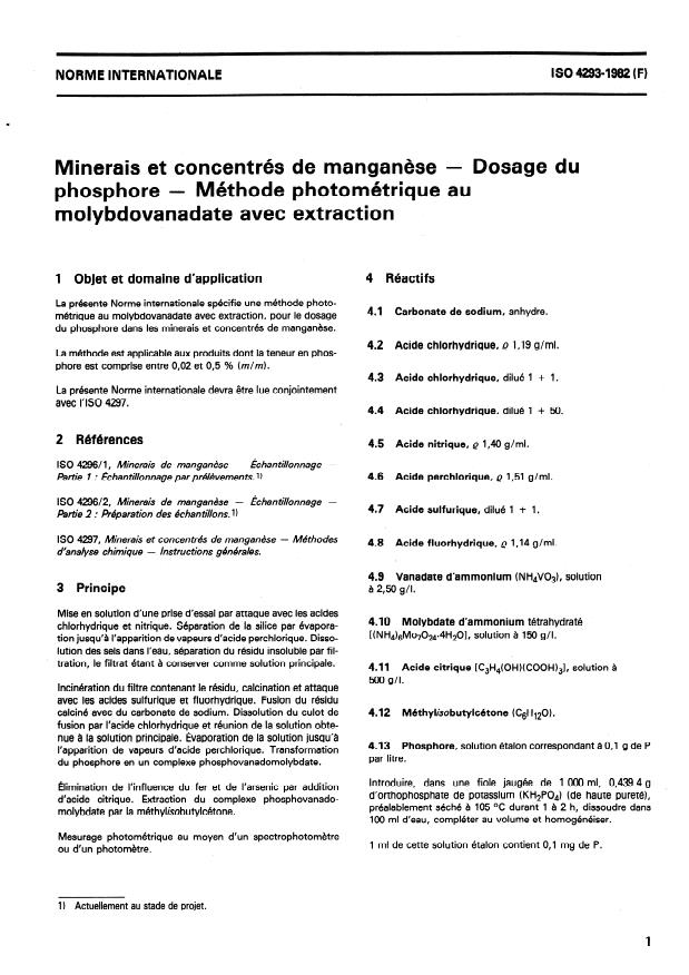 ISO 4293:1982 - Minerais et concentrés de manganese -- Dosage du phosphore -- Méthode photométrique au molybdovanadate avec extraction