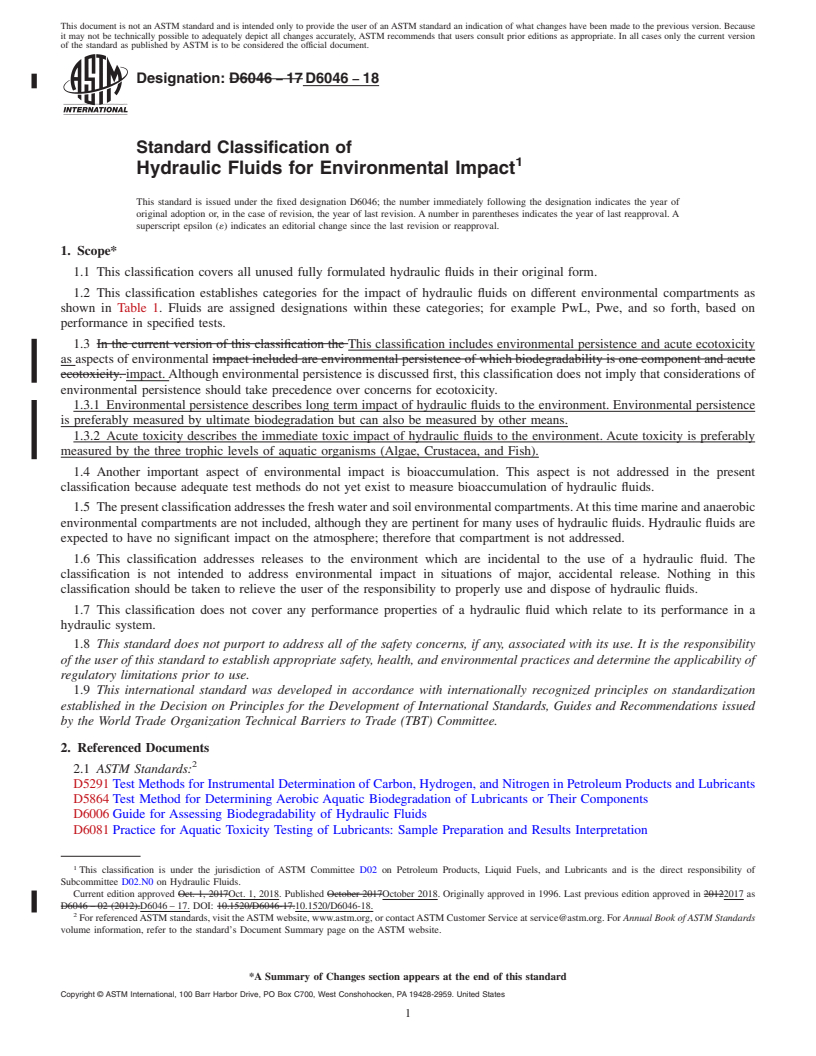 REDLINE ASTM D6046-18 - Standard Classification of  Hydraulic Fluids for Environmental Impact