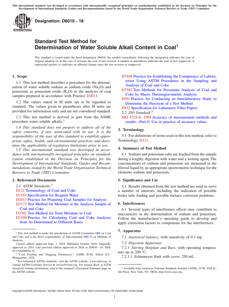 ASTM D8010-18 - Standard Test Method for Determination of Water Soluble Alkali Content in Coal