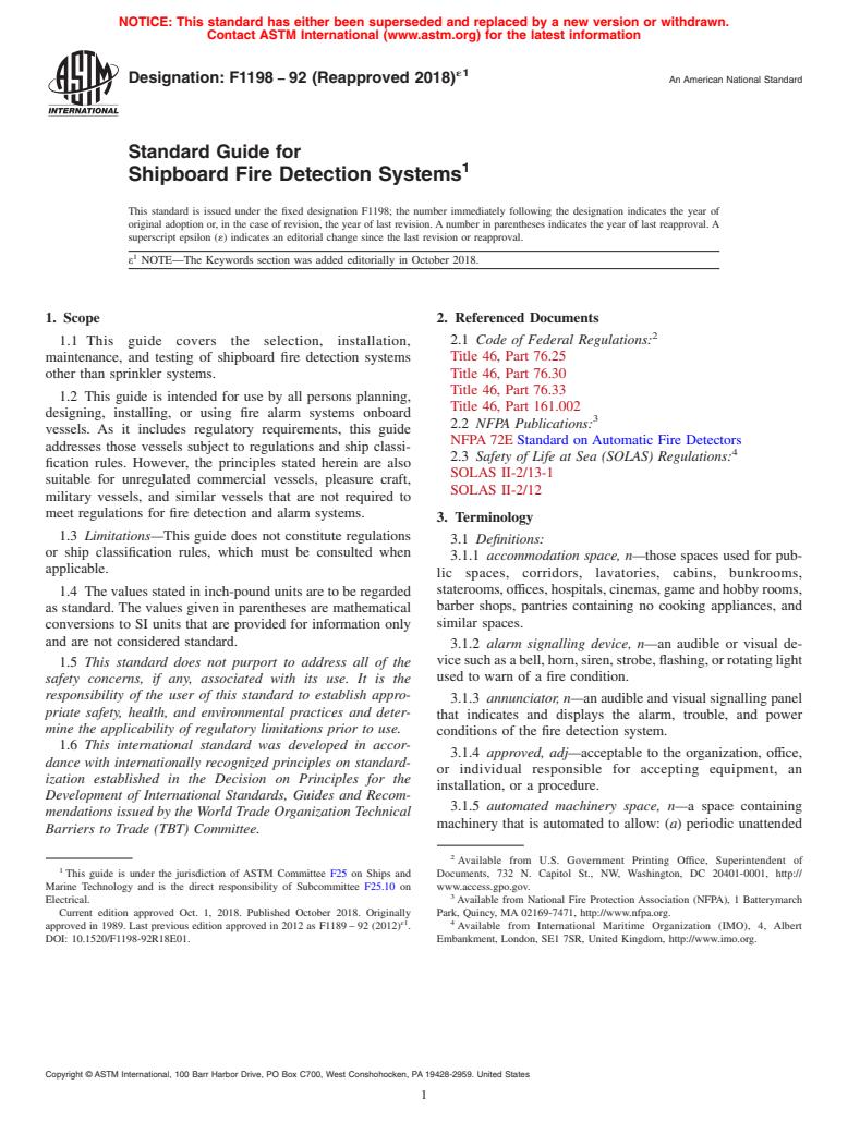 ASTM F1198-92(2018)e1 - Standard Guide for  Shipboard Fire Detection Systems