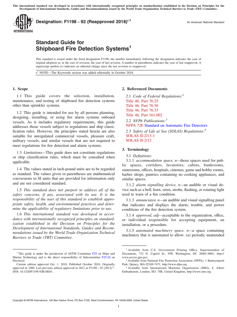 ASTM F1198-92(2018)e1 - Standard Guide for  Shipboard Fire Detection Systems